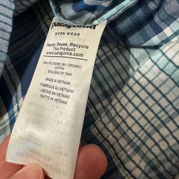Patagonia Puckerware Button Up Shirt Mens LRG Short Sleeve Seersucker Blue Plaid - Picture 5 of 10